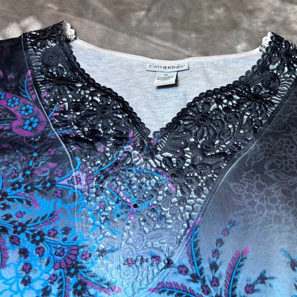 Catherines Tunic Top Womens 0X Multicolor Paisley Embellished V Neck Long Sleeve - Picture 8 of 11